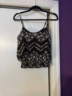 love, Fire Black Daisy Print Smocked Crop Top with Yellow Accents Spring Summer